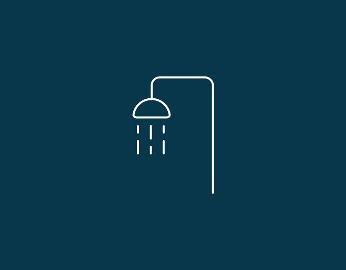 Shower symbol with shower head and water jets depicted as white lines on a dark blue background