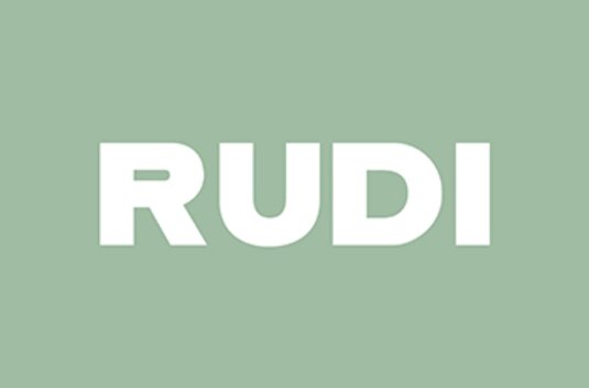 White "RUDI" lettering on a solid light green background