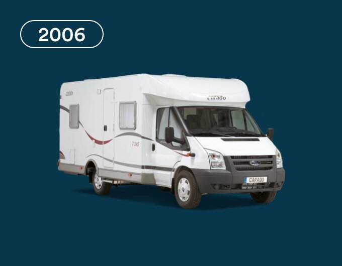 Carado T 146 motorhome, isolated front and side view against a blue background, with the year 2006