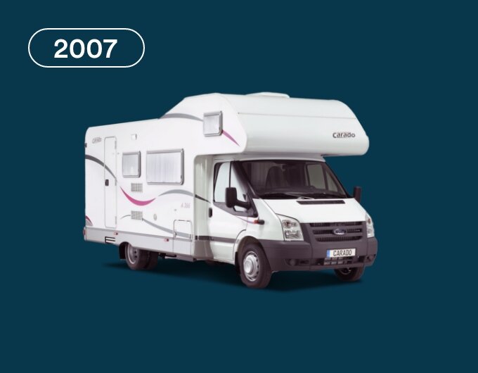 Carado motorhome with alcove, front and side view on a blue background