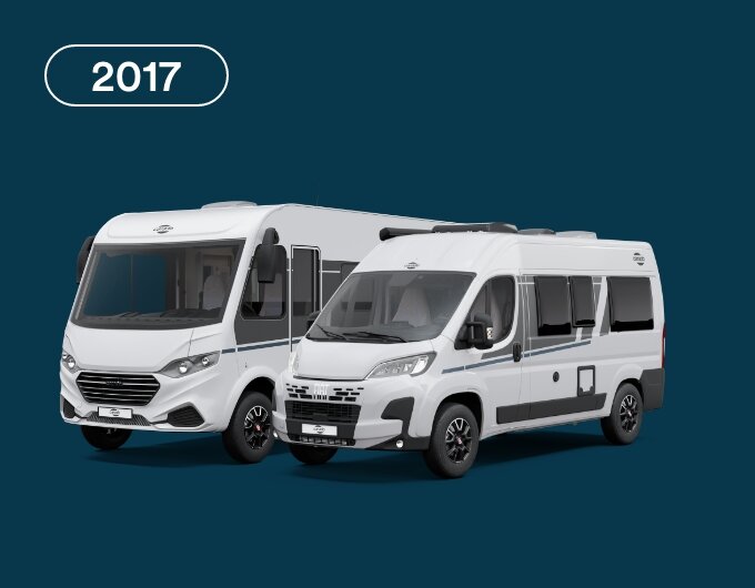 Two white Carado motorhomes and camper vans as cutouts against a blue background, with the year 2017