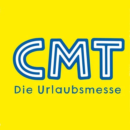CMT Logo mit blauem Schriftzug auf gelbem Hintergrund, darunter der Text Die Urlaubsmesse