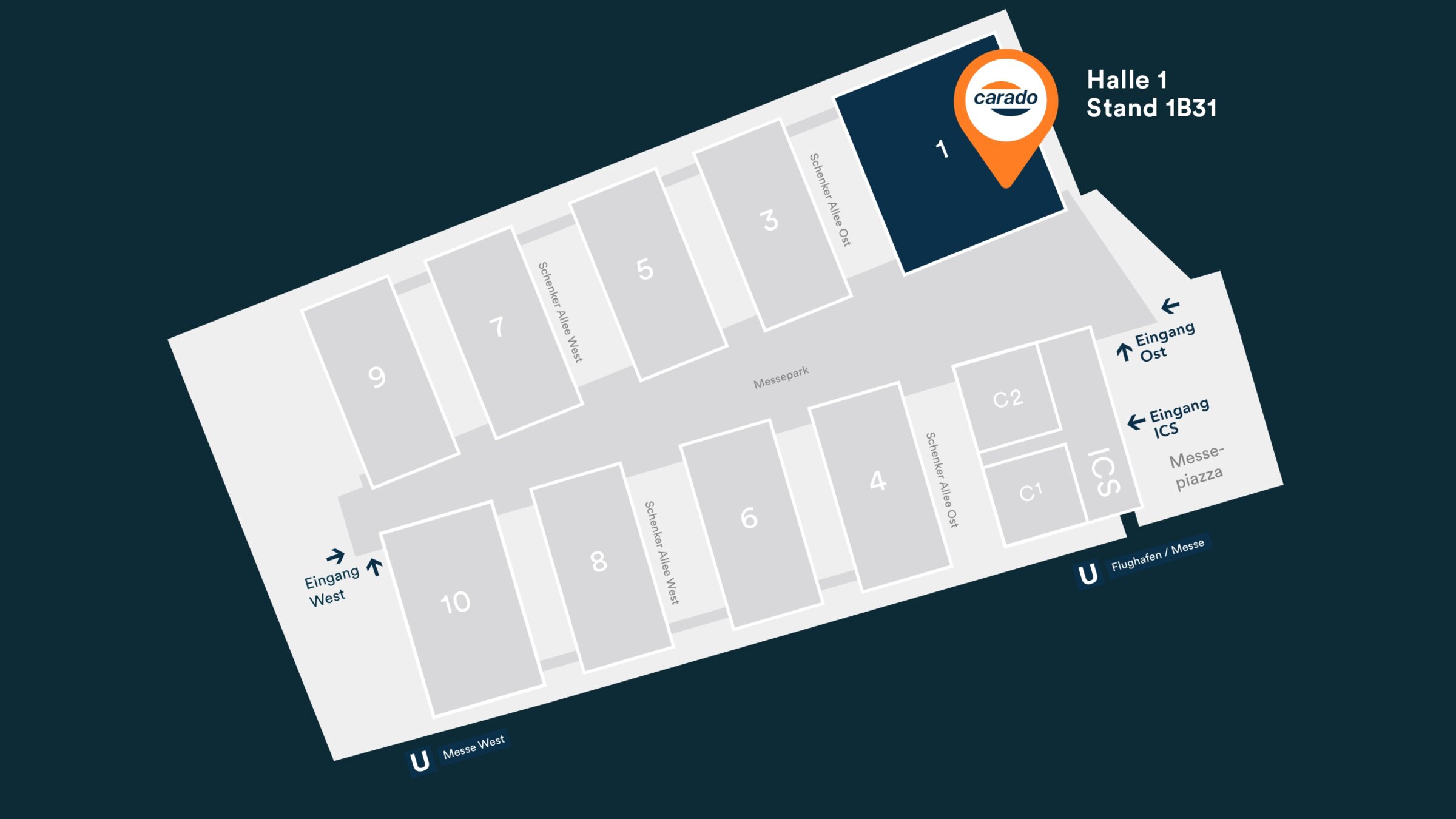 Übersichtsplan Messegelände mit Carado Standort in Halle 1, Stand 1B31