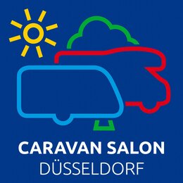 Caravan Salon Düsseldorf logo with stylized caravan, motorhome, sun and cloud on a blue background