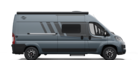 Carado camper van in side view, grey exterior finish with sliding door, tinted windows and awning