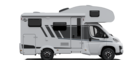 Carado motorhome, side view of a cab-over model in white with door, windows and grey decorative stripes