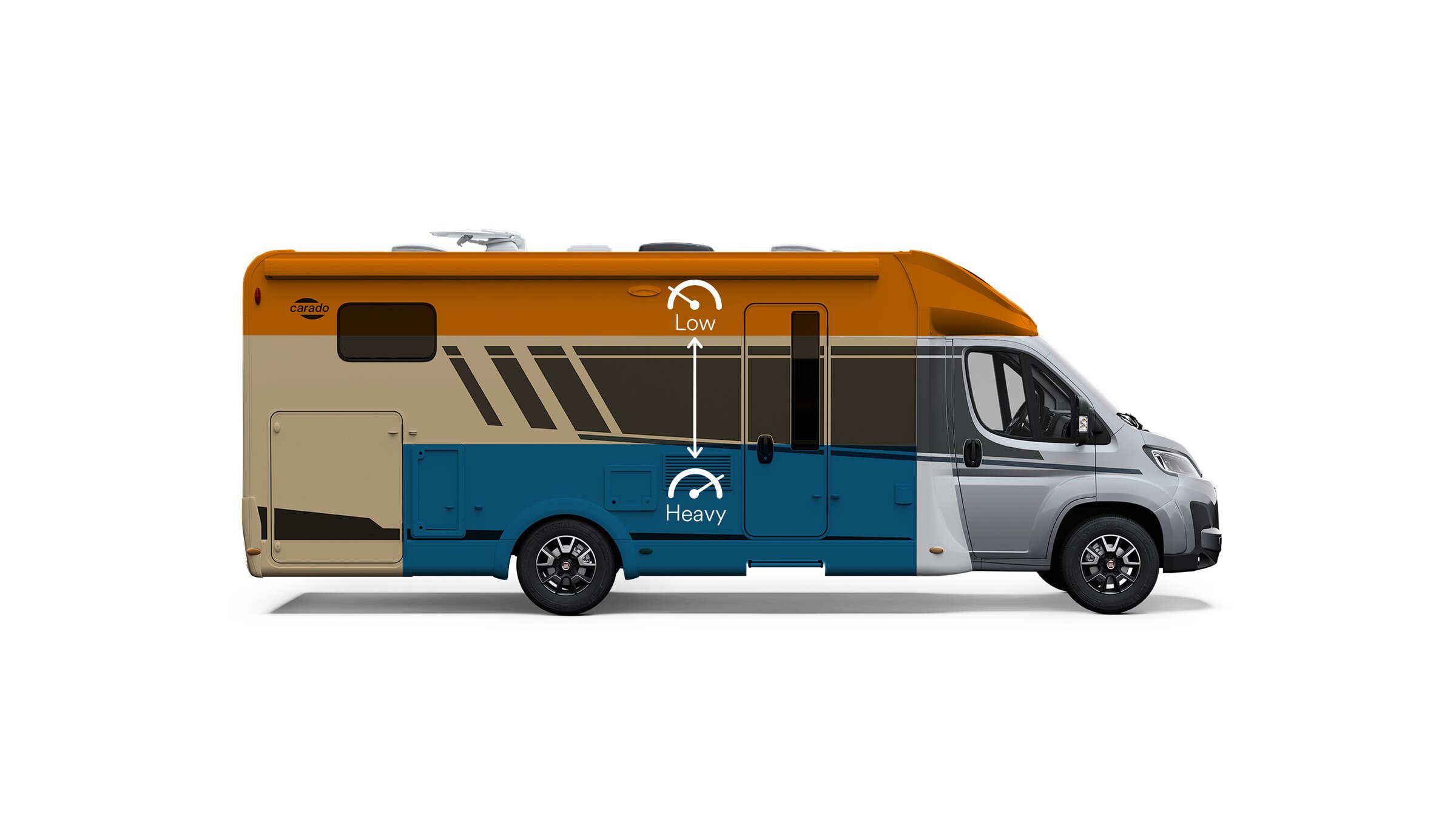 Side view of a Carado motorhome with graphic highlighting its low and stable centre of gravity