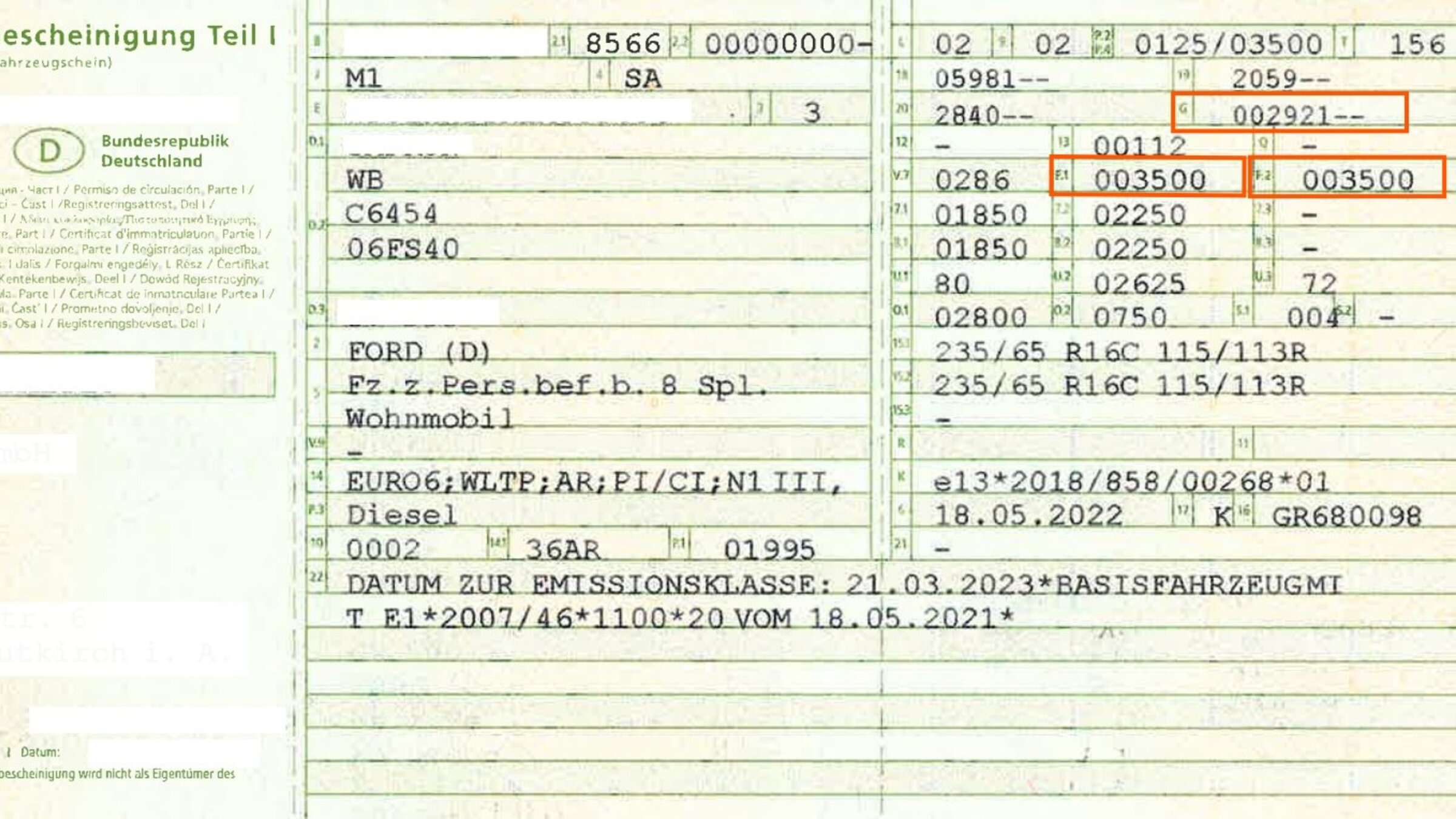 Registration certificate part I with highlighted vehicle weight information for a motorhome