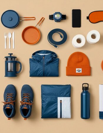 Camping gear laid out flat with a cooking set, jacket, hat, shoes and accessories on a light background