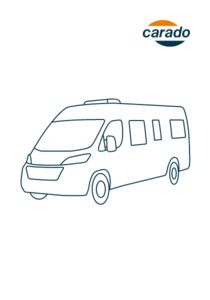Illustration of a Carado motorhome in front three-quarter view with windows and exterior mirrors