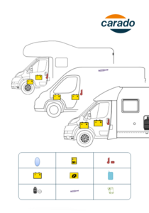 Carado motorhome graphic with marked service hatches and symbol legend