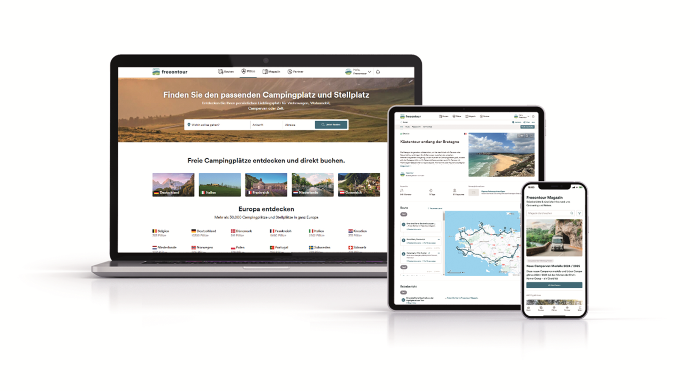 Laptop, tablet and smartphone display a platform for finding campsites and motorhome pitches with maps, magazine content and booking