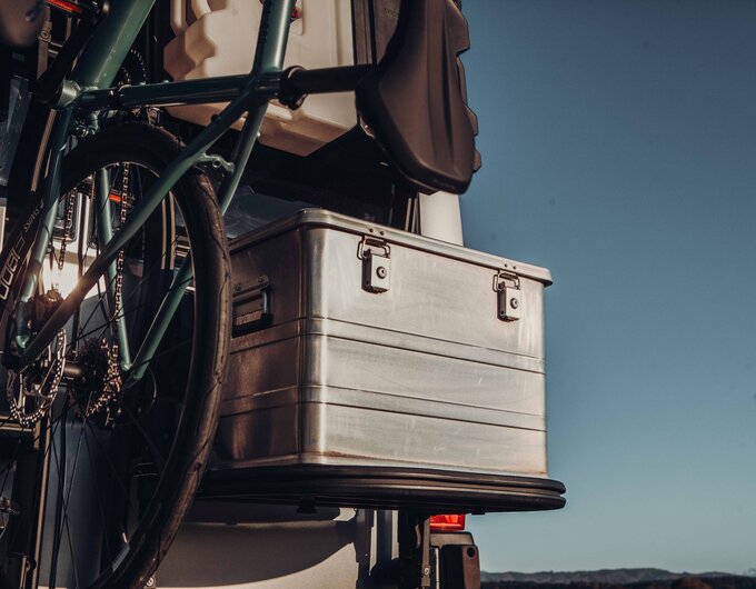 Rear carrier for Carado motorhome with bicycle and aluminium transport box