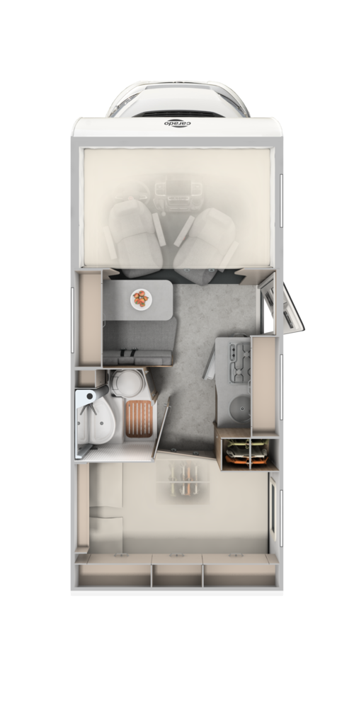 Carado motorhome layout with rear bed, bathroom, dinette and kitchen in top view