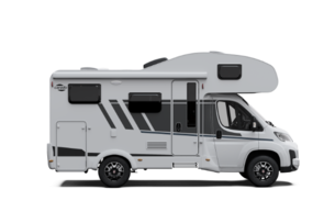 White Carado motorhome with overcab sleeping area, side view isolated on a black background