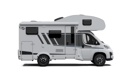 White Carado motorhome with overcab sleeping area, side view isolated on a black background