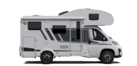 White Carado motorhome with overcab sleeping area, side view isolated on a black background