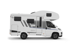 Carado motorhome with overcab bed, side view with entry door, windows and storage hatch