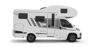 Carado motorhome with overcab bed, side view with entry door, windows and storage hatch