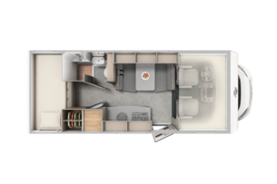 Carado motorhome floor plan with longitudinal beds, bathroom, seating area and kitchen in top view