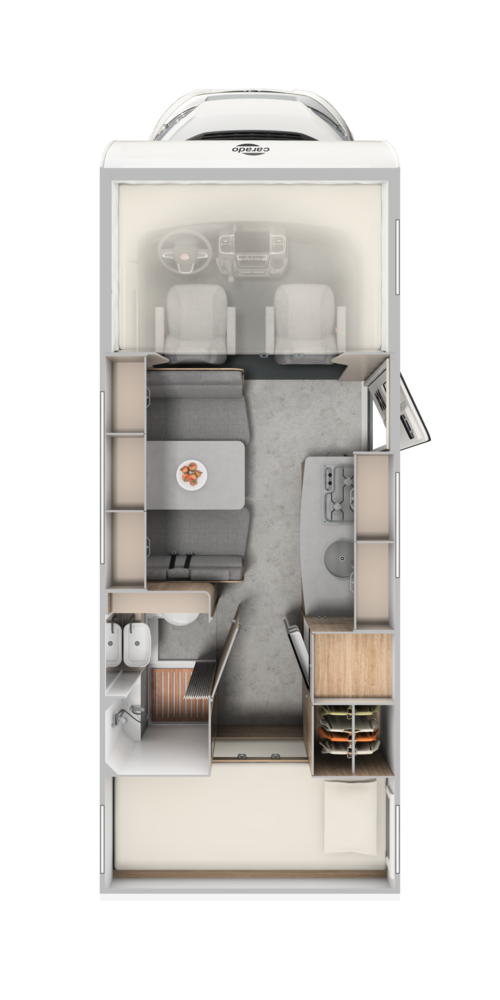 Carado motorhome floor plan with longitudinal beds, bathroom, seating area and kitchen in top view