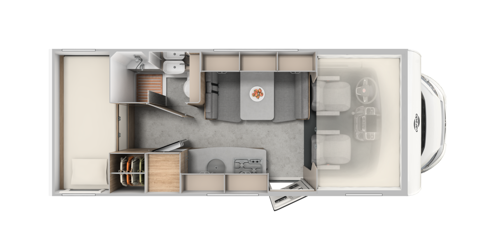 Carado motorhome floor plan with longitudinal beds, bathroom, seating area and kitchen in top view