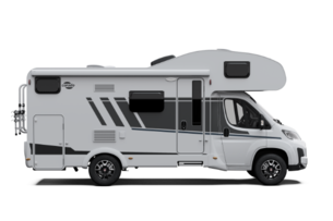 Carado alcove motorhome, side view of a white camper with door, windows and awning