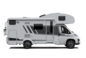 Carado alcove motorhome, side view of a white camper with door, windows and awning