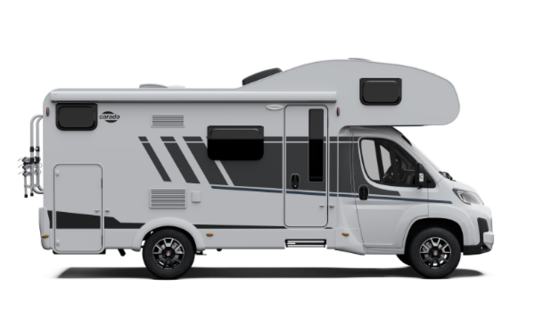 Carado alcove motorhome, side view of a white camper with door, windows and awning