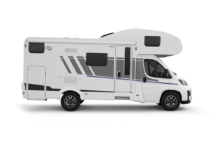 Carado alcove motorhome, side view on a white background