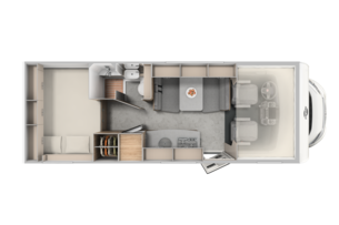 Carado motorhome layout with rear bed, bathroom, dinette and kitchen seen from above
