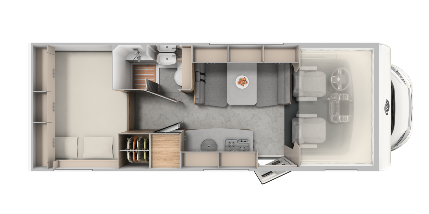 Carado motorhome layout with rear bed, bathroom, dinette and kitchen seen from above