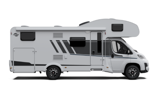 Carado motorhome with overcab, side view in white with entry door and side windows