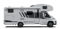 Carado motorhome with overcab, side view in white with entry door and side windows