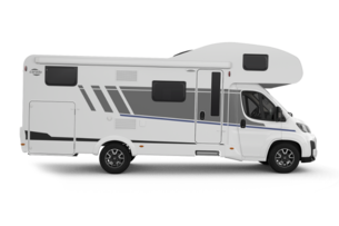Carado motorhome, side view of a cab-over model in white with door, windows and grey graphics
