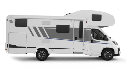 Camper Carado, vista laterale di un modello alcova bianco con porta, finestre e grafica grigia