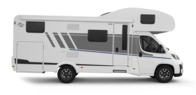 Carado motorhome, side view of a cab-over model in white with door, windows and grey graphics