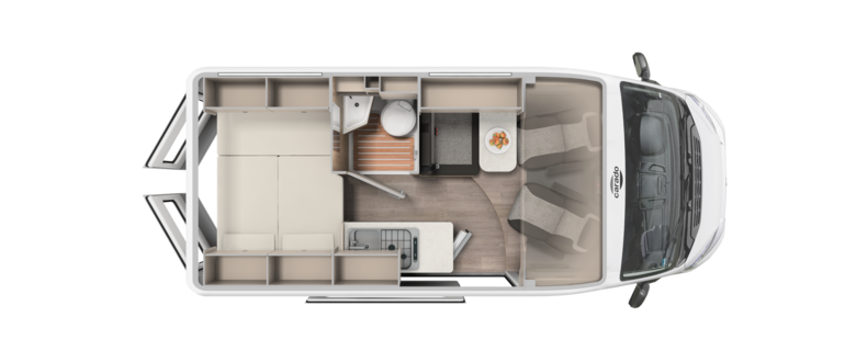 Carado motorhome floor plan with rear bed, bathroom, kitchen and dinette, top view