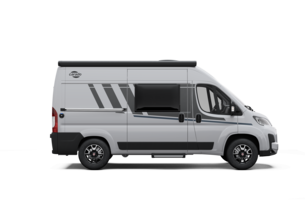 Carado camper van in side view, silver grey, with awning, sliding door and side window