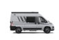 Carado camper van in side view, silver grey, with awning, sliding door and side window