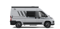 Carado camper van in side view, silver grey, with awning, sliding door and side window
