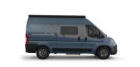 Blue Carado camper van in side view with awning, sliding door and side window