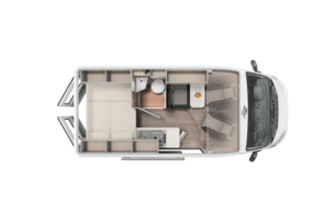 Carado motorhome floor plan with rear bed, bathroom, kitchen unit and dinette in top view