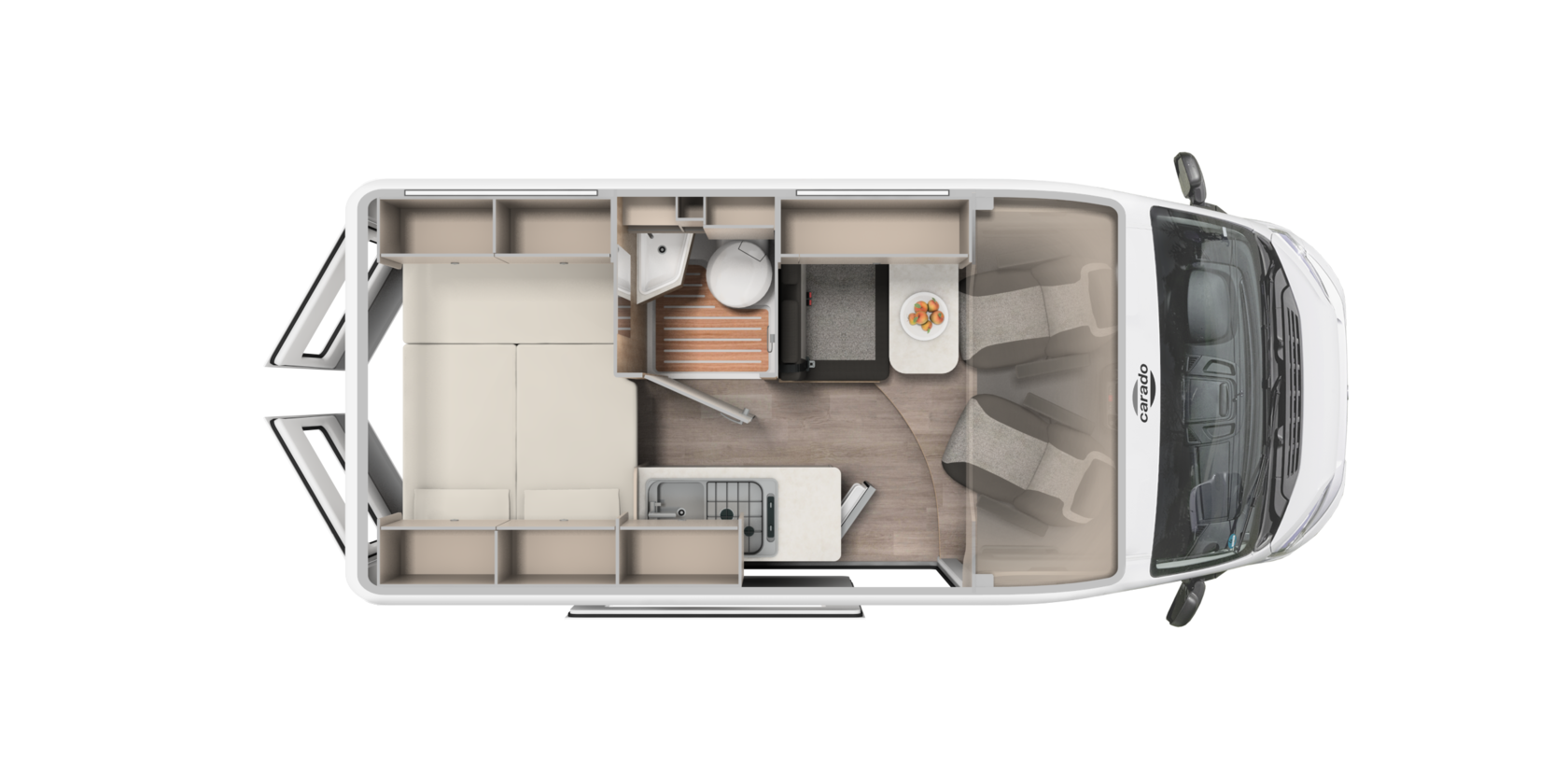 Indelingsplan van de Carado camper met achterbed, badkamer, keukenblok en zitgroep van bovenaf