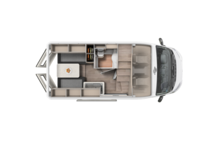 Top view of a Carado motorhome floor plan with lounge, kitchen, bathroom and rear bed