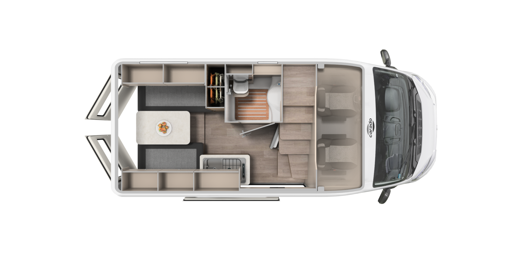 Top view of a Carado motorhome floor plan with lounge, kitchen, bathroom and rear bed