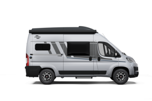 Carado camper van in side view with black pop-up roof and sliding door