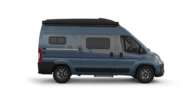 Blue Carado camper van in side view with awning, sliding door and tinted windows