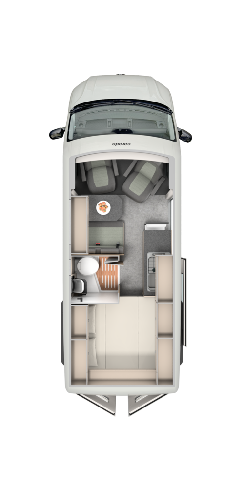 Floor plan of a Carado motorhome with rear bed, bathroom, seating area and kitchenette, viewed from above
