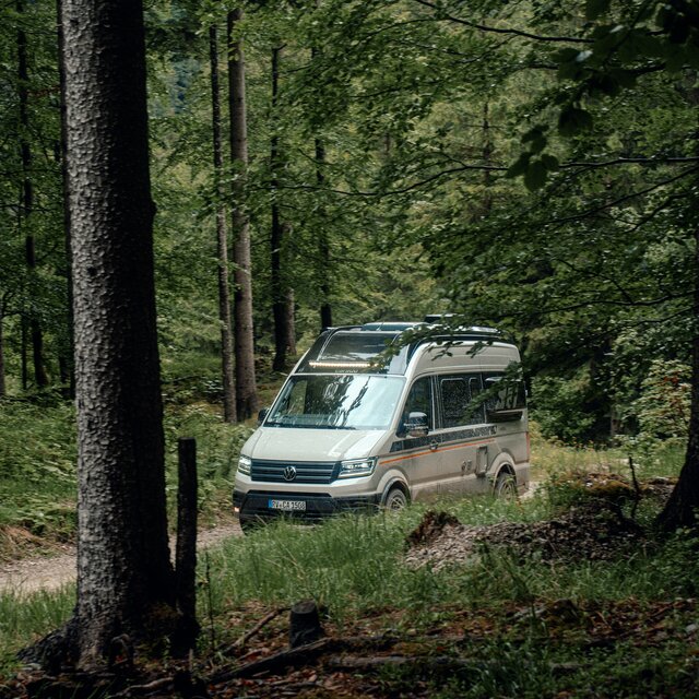 Carado campervan on a narrow forest track, front view between tall trees